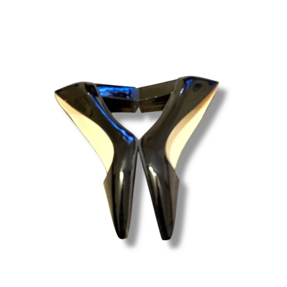 Fashion Pointed Toe Pumps Size 41 Black Faux Patent Leather Block Heel Classic‎